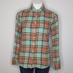 J Crew The Boy Shirt Green Peach Plaid Brushed Cotton Long Sleeve Button Up 00